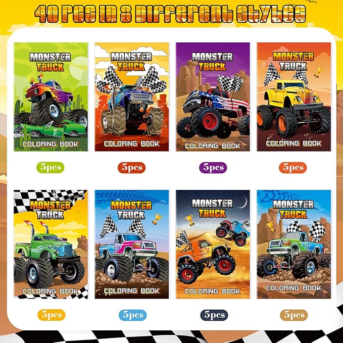 Estune 40 Pcs Coloring Books Party Favor for Kids Coloring Book Set Mini Small Color Booklets Goodie Bag Stuffers Gift Classroom Home (Monster Truck)