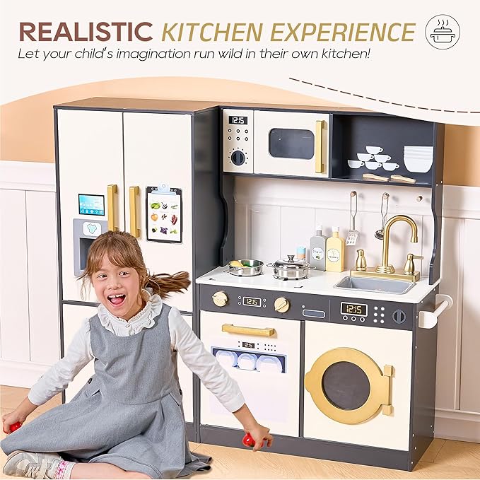 Kids Kitchen Playset with Realistic Design, Luxury Play Kitchen with Extended Storage Cabinets, Toy Kitchen for Toddlers with Coffee Counter, Cookware Accessories, Oven, Microwave (White and Black)