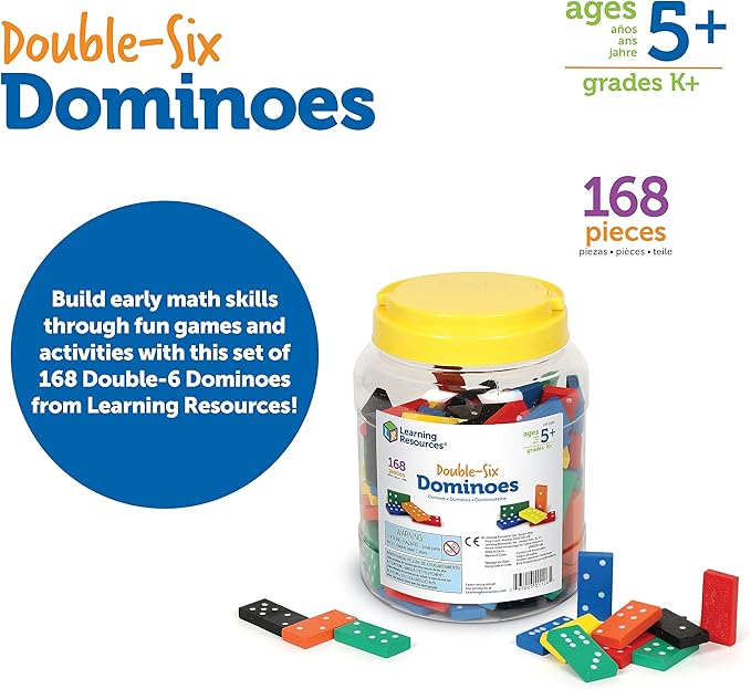 Learning Resources Double-six Dominoes In Bucket, Teaching aids, Math Classroom Accessories, 168 Pieces, Ages 5+