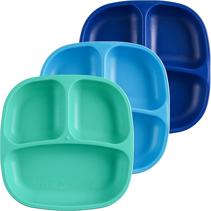 Re-Play Made in USA 7" Deep Walled Divided Plates for Kids, Set of 3 - Reusable 3 Compartment Plates, Dishwasher and Microwave Safe - 7.37" x 7.37" x 1.25", A True Blue