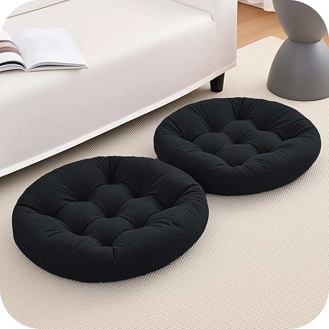 2Pcs Floor Pillows for Adults, 22x22x6 Inch Meditation Cushions, Large Round Sitting Cushion Living Room Memory Foam Pillow for Sitting (2, Black, 22x22x6 Inch)
