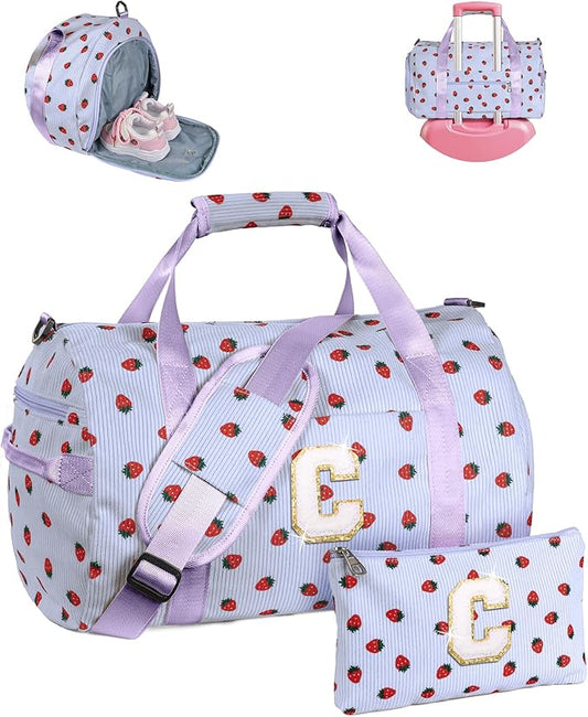 9 Year Old Girl Birthday Gifts, Girls Gym Bag, Kids Personalized Overnight Duffle Bags with Shoe Compartment, Monogram Travel Tote with Makeup Bag, Gift for Dance Gymnastics Girl (Letter C)
