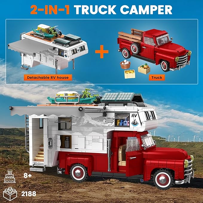 Camper Van Buliding Block for Adults, 2 in 1 Include Camper Rvs and Farm Pick-up Trucks Building Block Gift for Teens and Adults, Farm Trucks Building Set Present for Kids, 2188Pcs