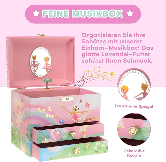 Jewelkeeper Jewelry Box for Girls - Spinning Ballerina Doll to Swan Lake Tune Music Box - Pink Jewelry Box for Girls with 2 Drawers - Ideal for Storing Necklaces and Bracelets - 7Lx5Hx6W Inches