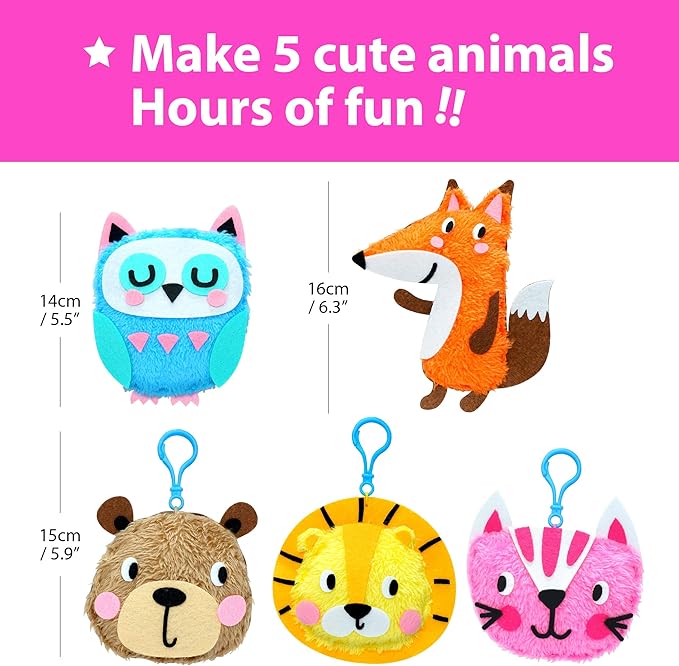 KRAFUN My First Sewing Animal for Kids, Beginner Art & Craft, 5 Easy Activities Stuffed Animal Dolls, Keyring Charms, Instructions & Felt Materials for Learn to Sew, Embroidery