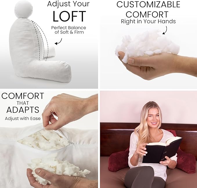Husband Pillow Maroon, Original Reading Pillow in Bed Rest Chair, Shredded Memory Foam Large Lounge Cushion Adult Backrest with Arms, Comfy Back Support for Sit Sitting Up, Washable/Removable Cover