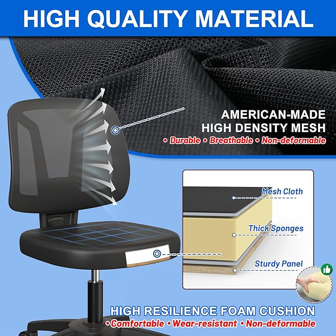 Armless Swivel Mesh Computer Office Desk Chair No Arms Height Adjustable with Lumber Support for Child and Adult