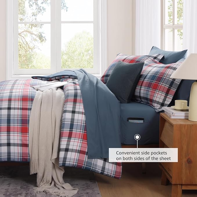 MaiRêve Twin XL Size Plaid Comforter Set Navy Red, Classic 5 Pieces Farmhouse Bedding Set, All Season Lightweight Bed in A Bag with Sheets, Pillowcase & Sham