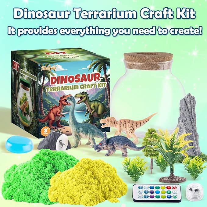 Hollyhi Light Up Terrarium Kit for Kids, DIY Dinosaur Toys for 3 4 5 6 7 8 9 10 11 12 Year Old Girls Boys, Night Light Dinosaur Terrarium Kit Arts and Crafts for Girls, Kids Christmas Birthday Gifts