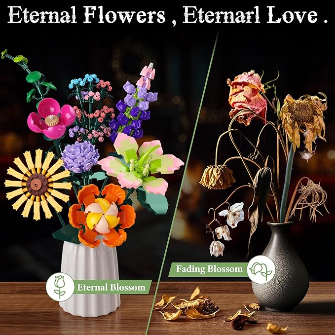 Flowers Bouquet Building Set, DIY Home Offic Botanical Bouquet Decoration Kit, Creative Gift for Women, Girls, Kids, Adults - Great for Birthdays, Christmas and More (861Pcs)
