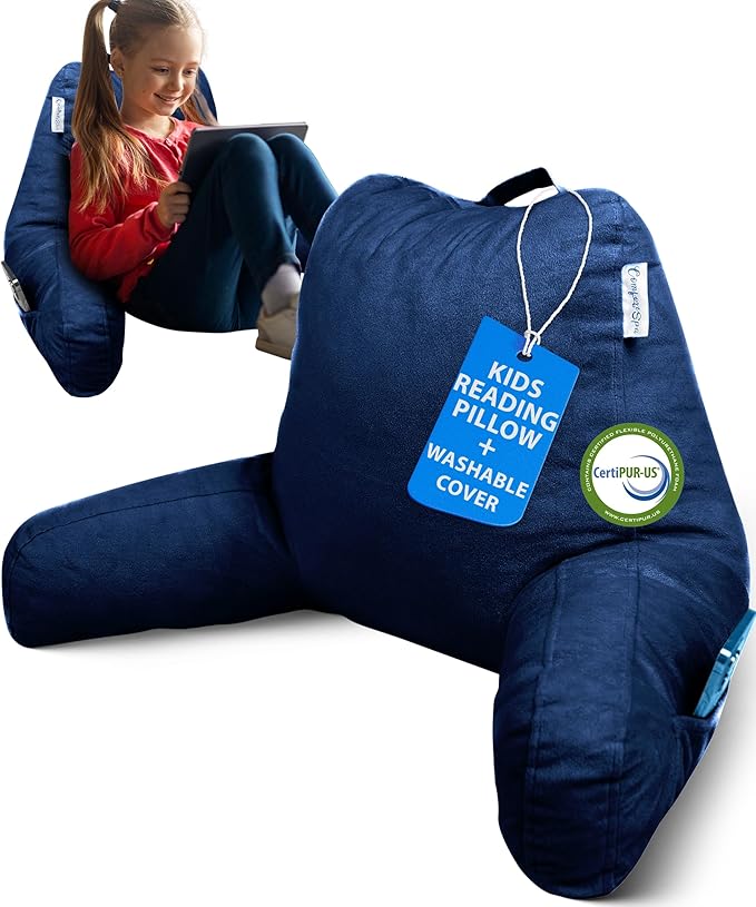 ComfortSpa Reading Pillow for Kids Teens Adult, Back Rest Pillow with Arms, Pockets, Washable Cover; Use as Back Pillow for Bed Sitting Up for Bedrest, Relief from GERD Heartburn (Standard Blue)