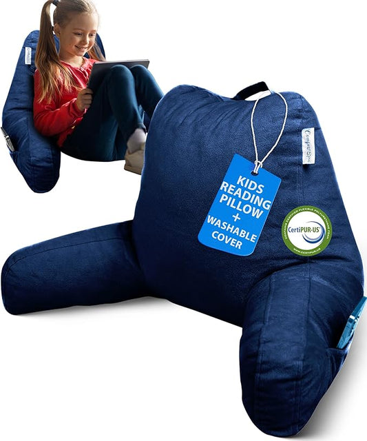 ComfortSpa Reading Pillow for Kids Teens Adult, Back Rest Pillow with Arms, Pockets, Washable Cover; Use as Back Pillow for Bed Sitting Up for Bedrest, Relief from GERD Heartburn (Standard Blue)