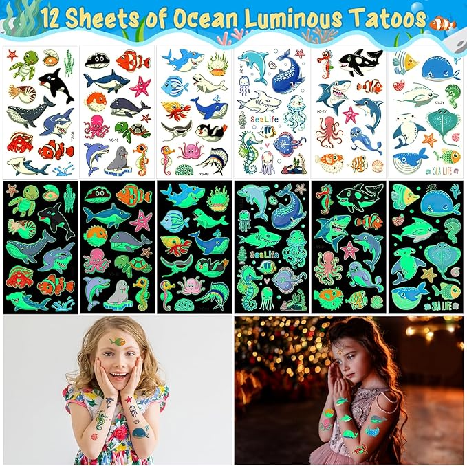 12Sets Under the Sea Party Favors Birthday Supplies, Sea Animal Drawstring Bags Silicone Bracelets Keychains Tattoo Stickers Pinata Filler Goodie Bag Stuffers, Ocean Themed Party Favors Supplies