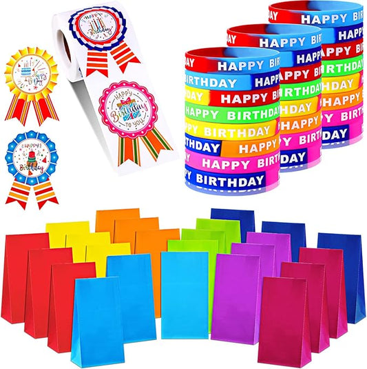 Leinuosen 248 Pcs School Supplies for Kids Classroom Include 200 Happy Birthday Badge Stickers Roll 24 Birthday Bracelets and 24 Rainbow Paper Gift Bag for Teacher Student School Decor (Bright Color)