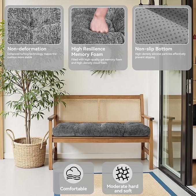 Bench Cushion 36 Inch - Luxury Chenille, High-Density Memory Foam, Non-Slip Bottom, Soft Durable Indoor Tufted Long Seat Cushion for Window Garden Furniture (Gray, 36x14x4 Inch)