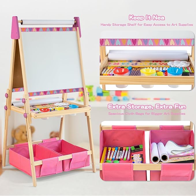 3-in-1 Adjustable Kids Art Easel with Magnetic Whiteboard, Chalkboard & 3 Paper Rolls, All-in-One Double Sided Wooden Painting Easel with Accessories for Toddlers and Kids Ages 3+