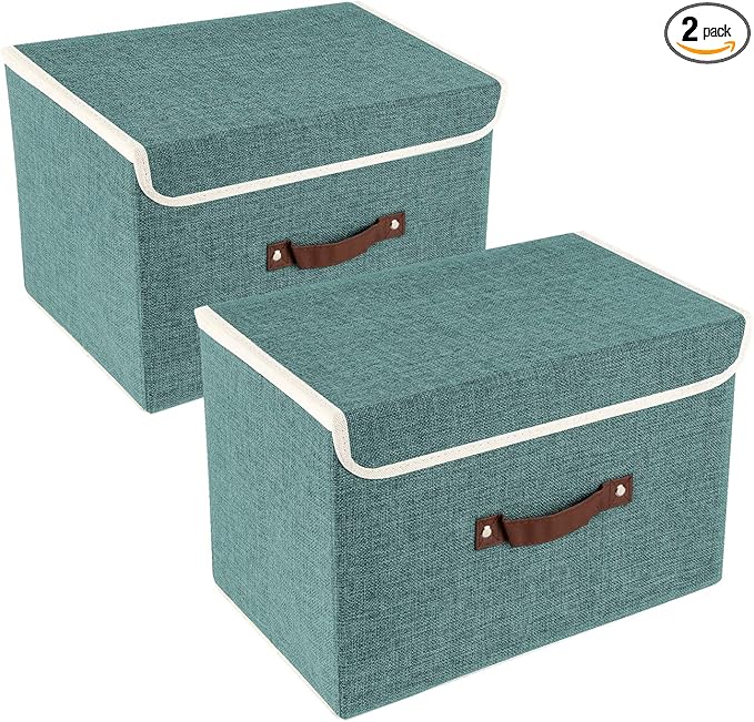 TYEERS Collapsible Storage Boxes, Washable Fabric Storage Bins with Lids, 14.9x9.8x9.8 inches, 2 Pack, Aqua Deep