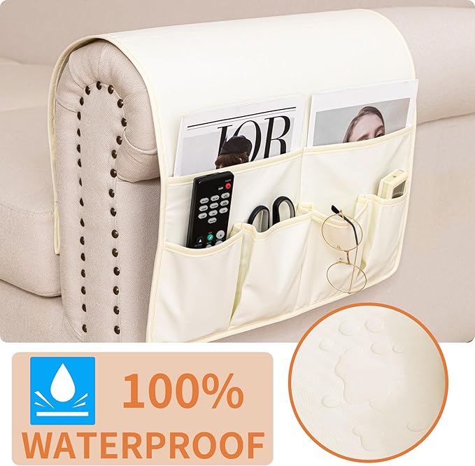 HAOMAIJIA Anti Slip Sofa Armrest Organizer Arm Chair Bedside Caddy Storage Organizer For Recliner Couch With 6 Pockets For Cell Phone Tv Remote Control (Ivory White, 31.89 inches × 18.5 inches)