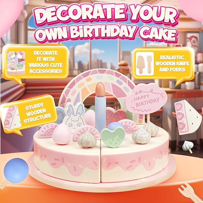 Birthday Cake Toy - Wooden Play Food Fake Birthday Cake Cutting Toys for 3 4 5 Year Old Girl Birthday Gift - Pretend Play Food with Candles&Plates,Tea Party Toys for Kids Age 3+ (28pcs)