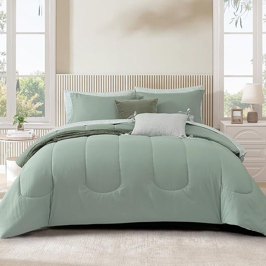 Monbix Queen Comforter Set - 7 Pieces Sage Green Bed in a Bag Queen Track Stitching Bedding Sets, All Seasons Comforter Bed Set with Sheets, Pillowcases & Shams