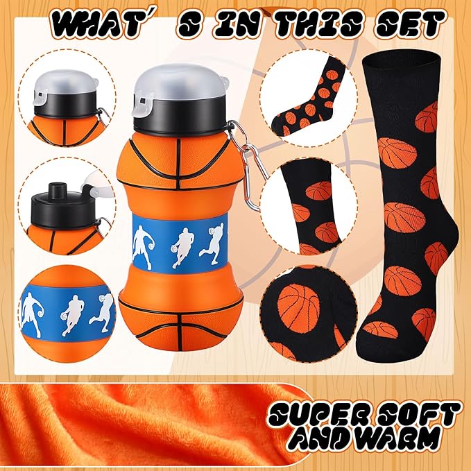 7 Pcs Christmas Basketball Gifts Basketball Party Favor Set Basketball Blanket Socks Basketball Keychain Bracelet Water Bottle and Sticker for Christmas Birthday Sport Themed Party Supplies