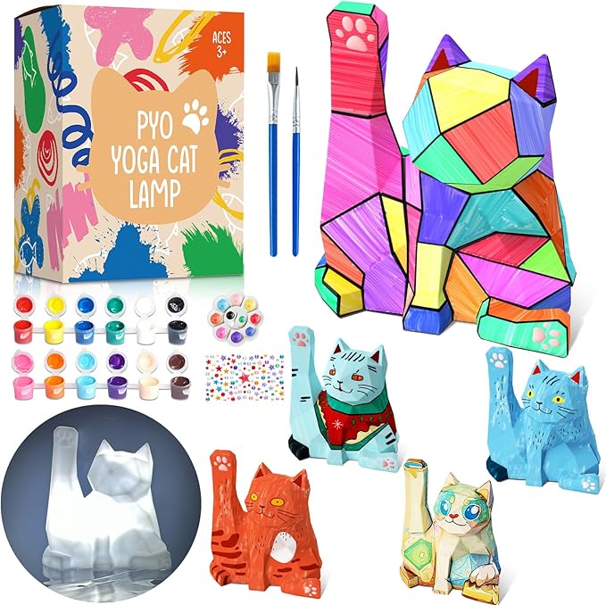 FUNZBO Paint Your Own Cat Lamp Kit - Arts & Crafts Supplies Kitten Painting Kits for Kid Teen Adult, DIY Toy for Toddler Girl Boy Age 3 4 5 6 7 8 9 10 11 12 13 + Easter Valentine Holiday Birthday Gift