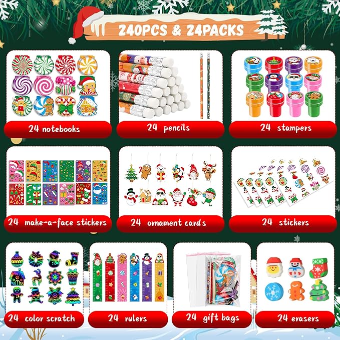 BenLouis Christmas School Stationery Set Party Favors Xmas Classroom Gift Prizes Bulk for Students Kids Holiday Stockings Pinata Filler Christmas School Goodie Bag Stuffers Decor（12set Gingerbread）