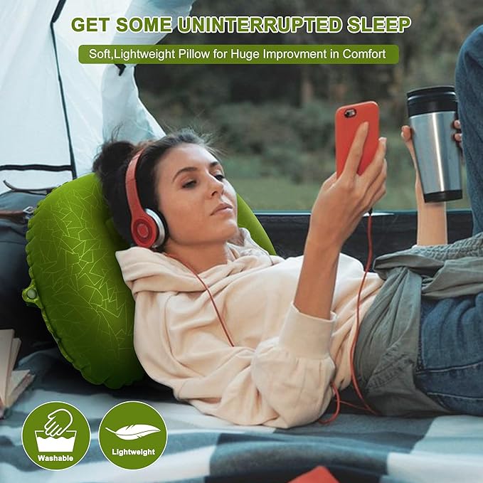 BreezCamp Inflatable Camping Pillow, Travel Blow Up Air Pillow, Neck Lumbar Support Ultralight Compact Pillow for Outdoor Hiking Backpacking Car Beach Airplane Sleeping Essentials, Green