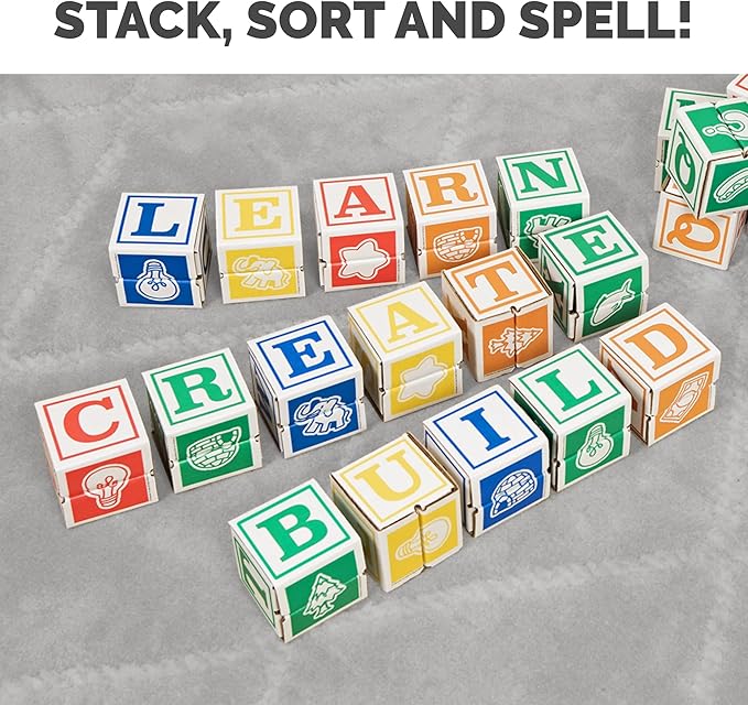 Bankers Box at Play Cardboard ABC/123 Building Learning Blocks, 50 Pack, Larger 3"x 3" Montessori Toy Blocks for Kids and Families