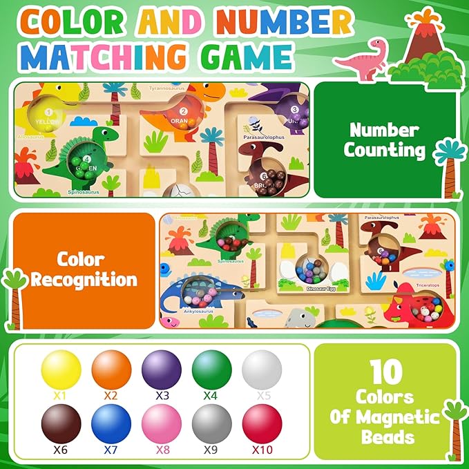 Magnetic Color and Number Maze Dinosaurs, Montessori Fine Motor Toys for 3+ Year Old, Wooden Matching Counting Educational Toys for Boys and Girls Toddlers Kids Gift