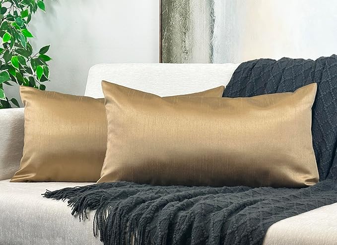 Aiking Home Collection 12x24 Inches Faux Silk Rectangular Throw Pillow Cover, Zipper Closure, Brass (Set of 2)