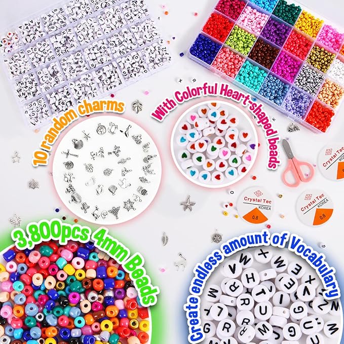 Goody King Jewelry Making Kit Beads for Bracelets - 5000+pcs Bead Craft Kit Set, Glass Pony Seed Letter Alphabet DIY Art and Craft - Gift for Her Women Kid Age 6 7 8 9 (4mm)