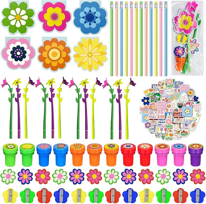 Cinrobiye 134 Pcs Flower Summer Party Favors Bulk,Daisy Party Suppiles,Tea Party Goodie Bag Stuffers,Summer Garden Birthday Party Gifts,School Supplies Class Reward Prizes Stationery Set