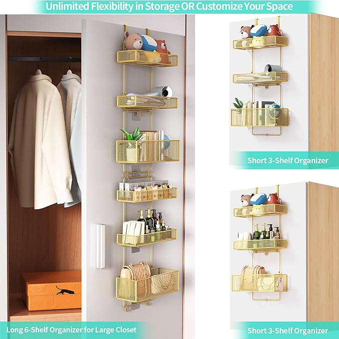 HapiRm Over Door Organizer Storage - Separable Door Organizer Hanging with 6 Metal Large Capacity Baskets for Bathroom Bedroom Kitchen Pantry Closet (Gold)