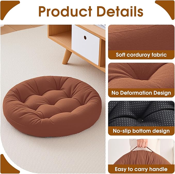 4Pcs Floor Pillows for Adults, 22x22 Inch Meditation Cushions, Large Round Sitting Cushion Living Room Memory Foam Pillow for Sitting (4, Brown, 22x22x4 Inch)