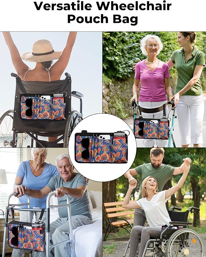 JOYTUTUS Walker Side Bag, Wheelchair Armrest Storage Pouch with Cup Holder, Wheelchair Accessories for Seniors, Walker Bag Cup Holder for Walker, Rollator, Electric Scooter or Wheelchair Orange