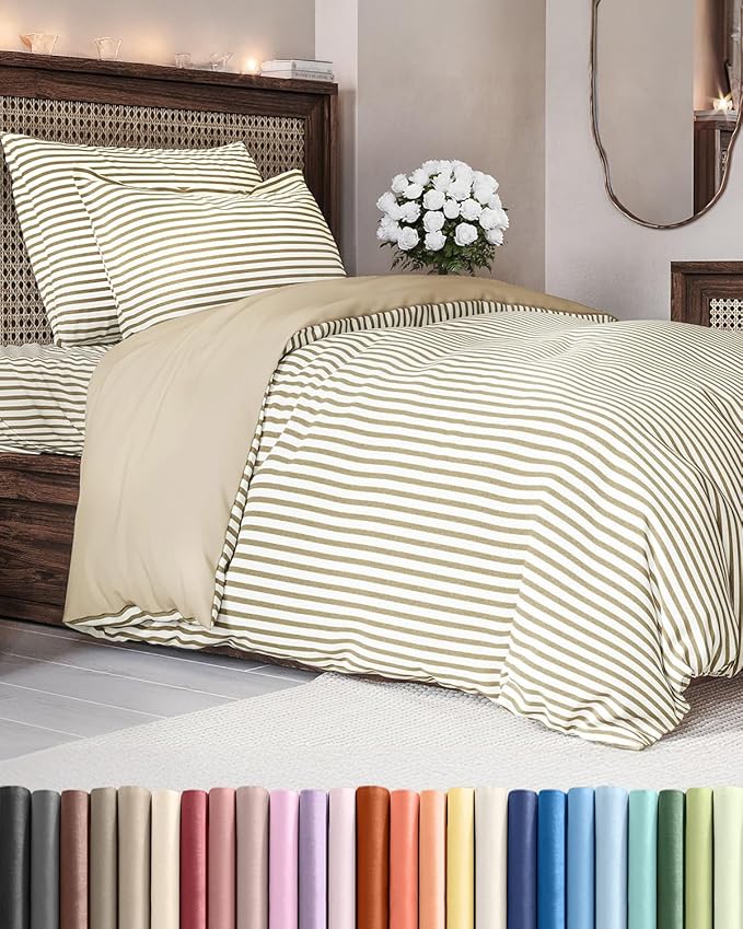 Duvet Cover Twin/Twin XL Size Set - Extra Soft Duvet Cover 68 x 90 with 1 Pillow Sham - Hotel Luxury, Easy Care & Fade Free w/ Zipper Closures & Ties - Comfy, Breathable Bedding Set (Beige Stripes 2)