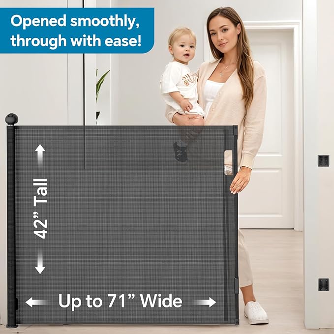 Bulubaky Extra Tall Safety Retractable Baby Gate Adjustable Wide Retractable Dog Gate Mesh Baby Gate Child Gate for Doorway, Hallway, Stair Gates for Kids or Pets (Black, 42" Tall x 71")