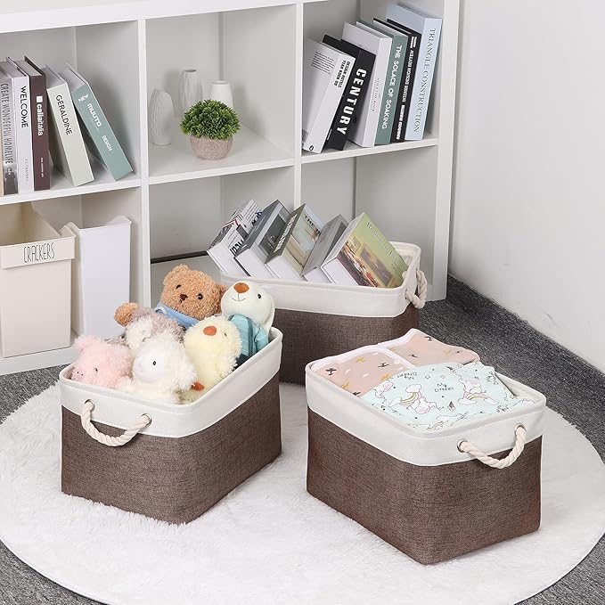 Bidtakay Baskets Fabric Storage Bins for Shelves [3-Pack] Decorative Storage Baskets for Organizing 15 X 11 X 9.5 inches Nursery Closet Foldable Toy Storage Closet Organizer Brown
