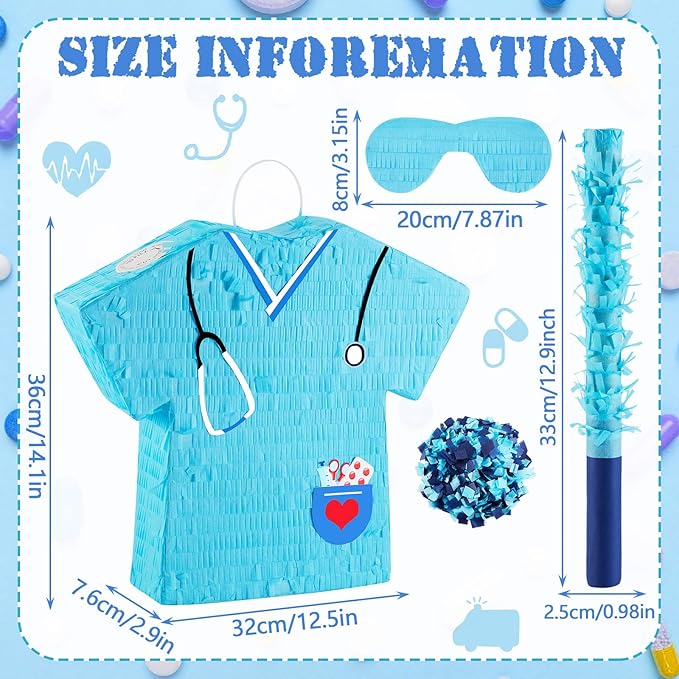Lewtemi 14.1 Inch Nurse Piñata Bundle with Blindfold, Bat and Confetti, Blue Nurse Party Piñata, Nurse Party Favor, Piñatas for Graduation Gift Rn Themed Birthday Party Nursing School Party Supply