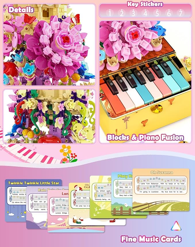 Flowers Castle Building Sets with Piano Keyboard for Kids and Adults, 771PCS Light Up Botanical Building Blocks Musical STEM Toys, Carnival Birthday Gifts for Girls and Boys Aged 6-12+