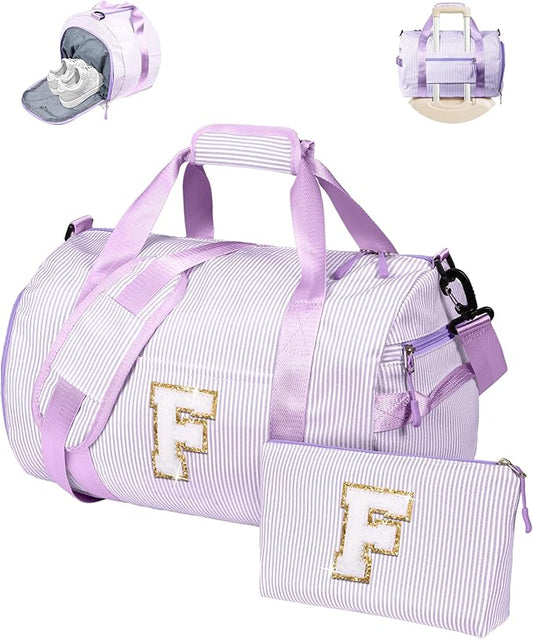 Trip Essentials, Girls Travel Duffle Bag, Kids Initial Overnight Duffel Bags with Shoe Compartment, Personalized Dance Bag with Cosmetic Pouch, Preppy Things for Daughter (Letter F)
