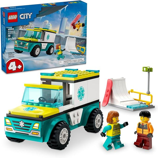 LEGO City Emergency Ambulance and Snowboarder Toy Vehicle Playset for Kids, Boarder and Paramedic Minifigures, Imaginative Pretend Play Winter Toy for Boys and Girls Ages 4 and Up, 60403