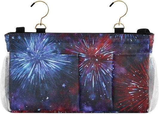 American Tie Dye Stars and Fireworks Bedside Caddy for Dorm Bed Bedside Hanging Caddy Bag Iron Frame Storage Organizer Pocket for Bunk Home College Hospital Beds 2 Hooks