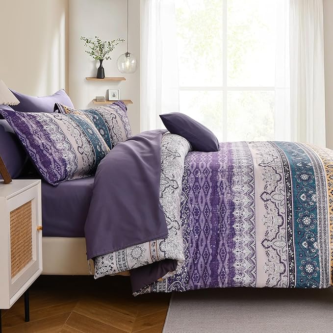 Cottolester Boho Queen Comforter Set 8 Pieces, Violet Bohemian Striped Bed in a Bag, Paisley Soft Microfiber Bedding Comforter Set