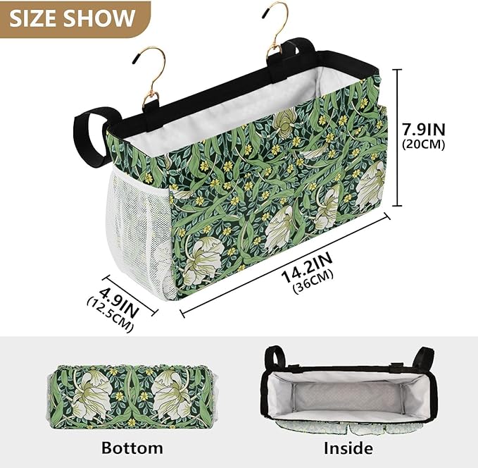 Bedside Caddy for Dorm Bed Bedside Hanging Caddy Bag Iron Frame Storage Organizer Pocket for Bunk Home College Hospital Beds 2 Hooks