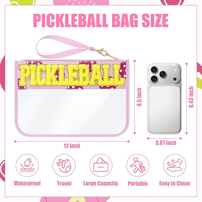 BuyCard Pickleball Gifts Makeup Bag with Chenille Letter Patch, Clear Cosmetic Pouch PVC Organizer Purse, Waterproof Travel Bag, Portable Toiletry Storage Bag for Her Friends