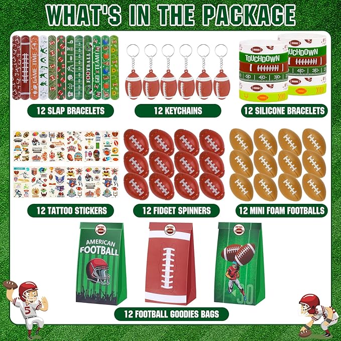 Football Party Favors Football Party Supplies with Football Spinners Mini Football Keychain Sticker Slaps Bracelets Thank You Tags for Football Birthday Decorations Goodie Bag Stuffers Classroom Prize