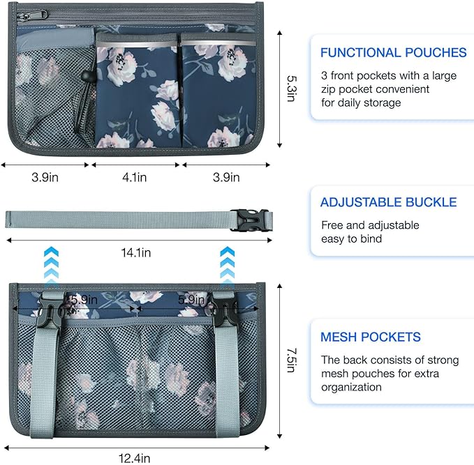 Wheelchair Bag, Walker Bag, Wheelchair Side Bag, Armrest Organizer Pouch with Cup Holder Attachment and Reflective Strip, Accessories for Most Wheelchairs, Walker, Rollators, Rosa