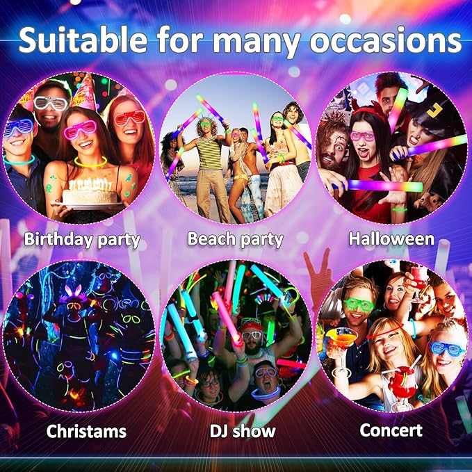 131 Pcs Glow in the Dark Party Supplies, Light Up Party Favors with 6 Foam Glow Sticks, 6 Led Glasses, 6 Finger Lights, 100 Glow Sticks Bulk Party Pack DIY Necklaces Bracelets, Neon Party Supplies